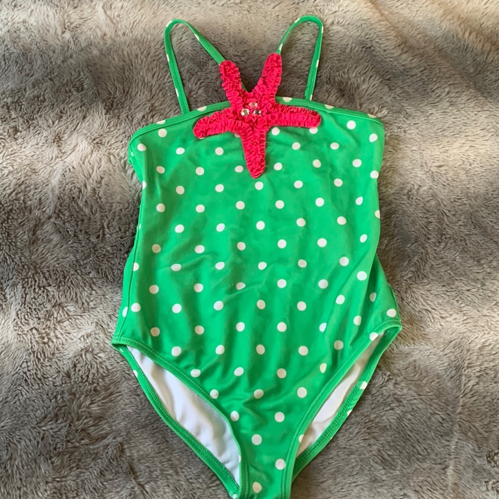 Green Polka Dot One Piece Bathing Suit w/ Pink Starfish